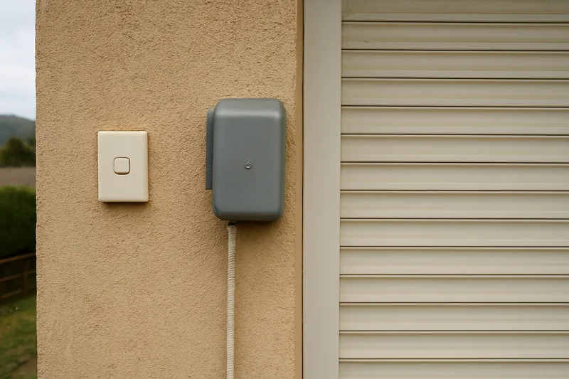 The motor housing and wall switch beside a roller shutter — manual and automatic shutters, Adelaide Hills. Illustrative example.