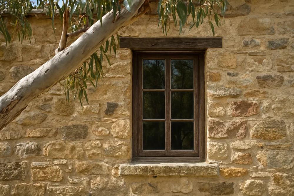 A stone cottage window with a timber frame and a gum branch near the wall — BAL ratings and approvals, Adelaide Hills. Illustrative example.