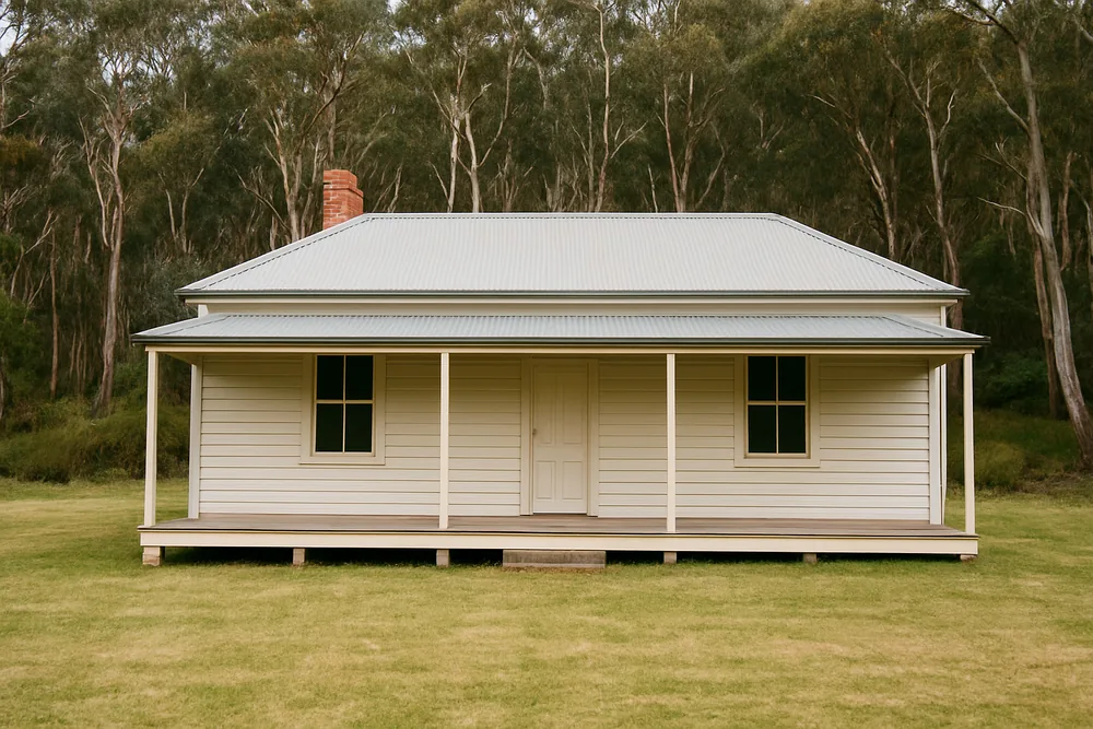 A weatherboard house with a verandah and eucalypt bush behind a mown yard — BAL ratings and approvals, Adelaide Hills. Illustrative example.
