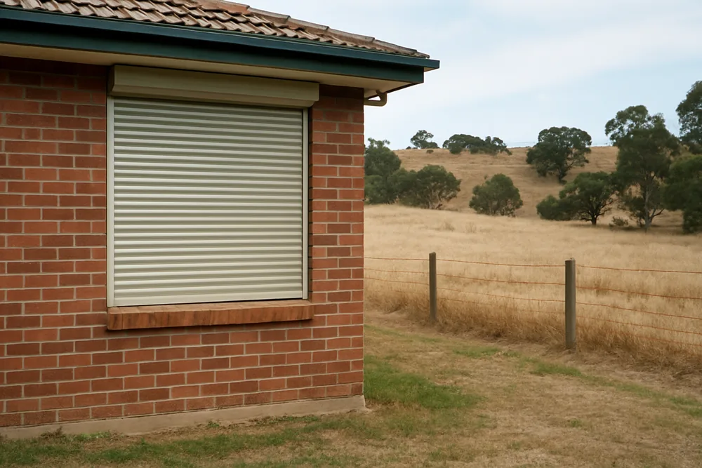 A brick house with a large window protected by a metal shutter and a dry paddock behind — bushfire shutters, Adelaide Hills. Illustrative example.