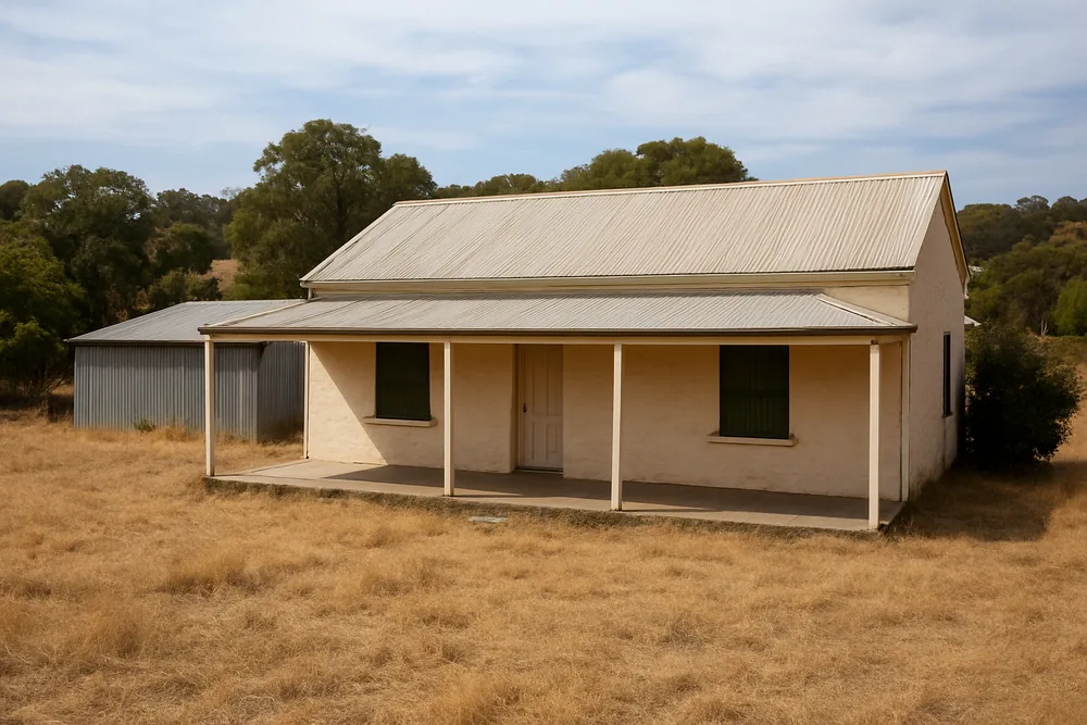 A farmhouse with a verandah, dark windows and a shed behind on dry grass — bushfire shutters, Adelaide Hills. Illustrative example.