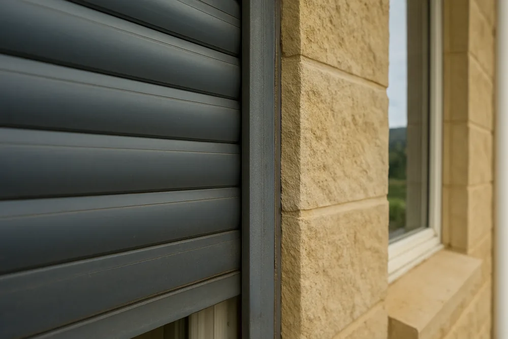 The edge of a metal shutter running in a side channel beside a window frame — bushfire shutters, Adelaide Hills. Illustrative example.