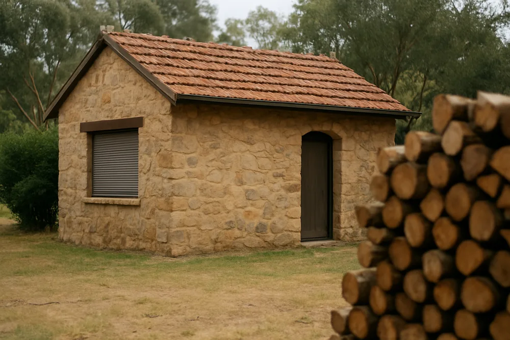 A small stone cottage with a closed metal shutter over a side window — bushfire shutters, Adelaide Hills. Illustrative example.