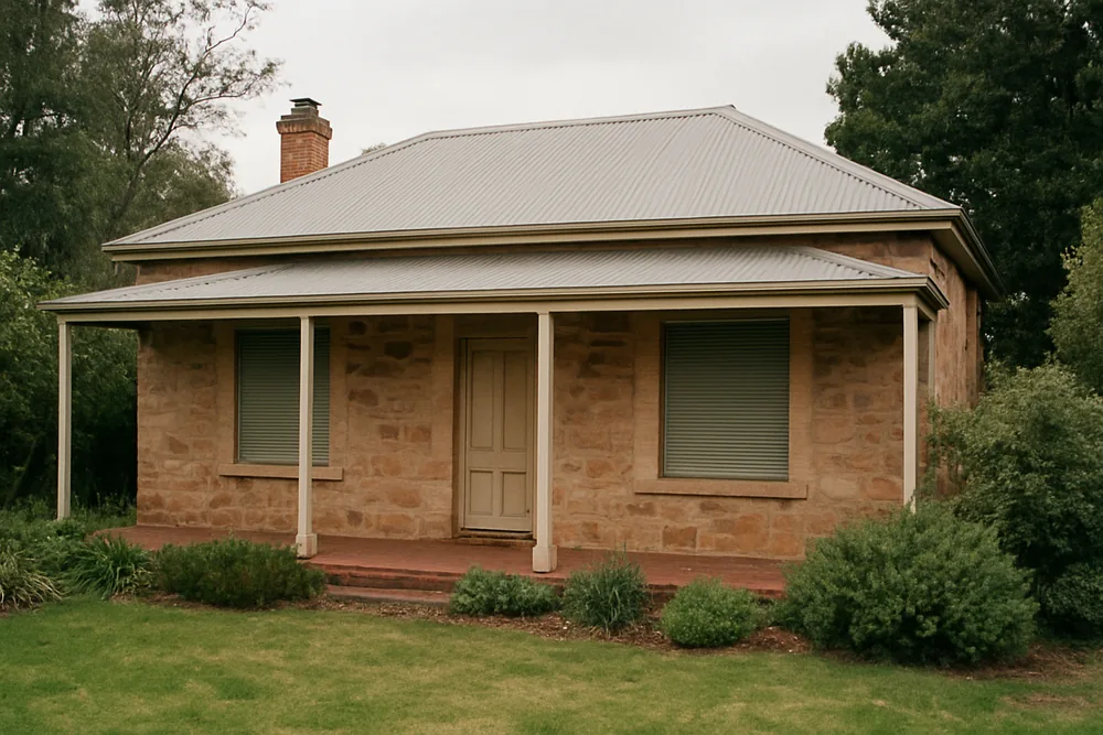 A single-storey stone villa with a verandah and shuttered windows — bushfire shutters, Adelaide Hills. Illustrative example.