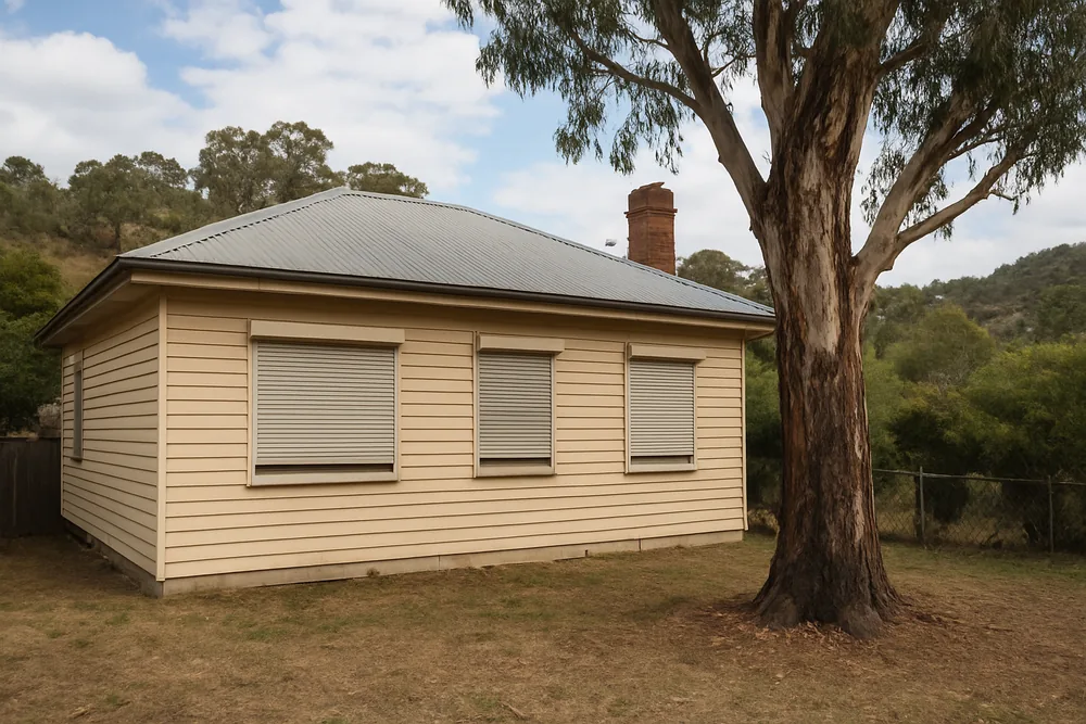 A weatherboard house with metal shutters over the windows and a tall gum tree beside it — bushfire shutters, Adelaide Hills. Illustrative example.