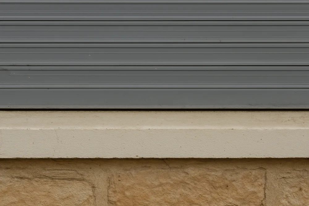 The bottom of a closed metal shutter meeting a window sill with a narrow gap — shutter materials and fit, Adelaide Hills. Illustrative example.